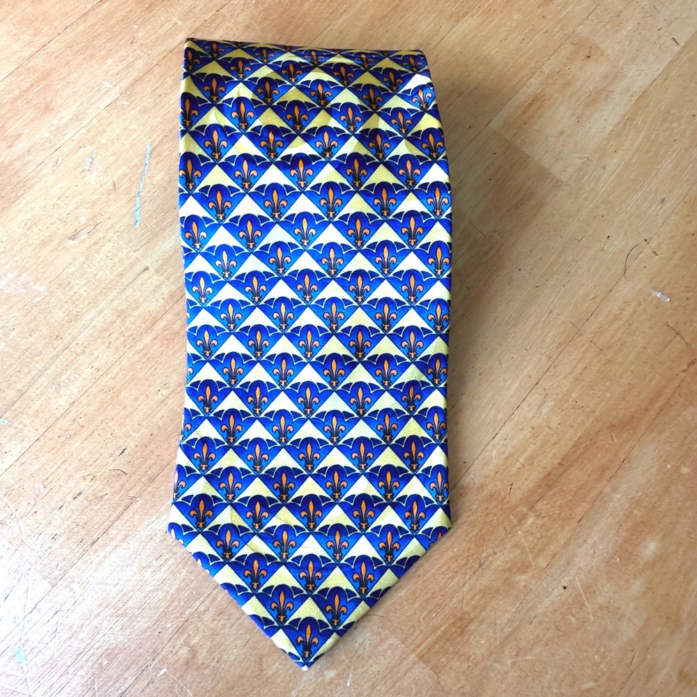 Miracle Expressions Mens Silk Tie Blue Yellow Fleur De Lis Geometric Hand Sewn